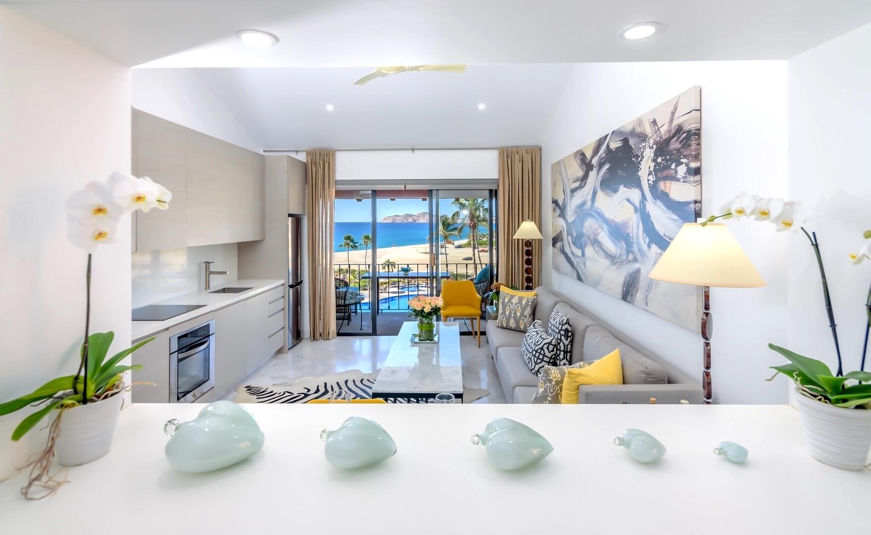 Los Cabos Casa Del Mar New York style pied-a-terre Penthouse, a one-of-a-kind beachfront living experience.This exquisitely remodeled and custom-designed corner honeymoon suite features soaring ceilings and is filled with natural light, offering paramount for sale