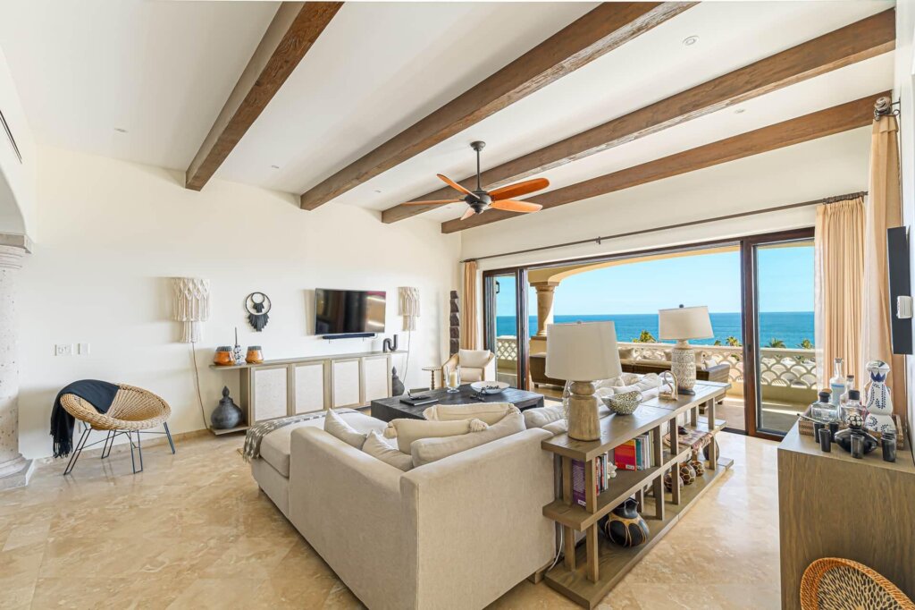 Los Cabos El Encanto El Encanto de La Laguna Del Sol 202 is located in a luxury boutique beachfront community that provides a peaceful environment yet is just a 10 minute drive to Downtown San Jose del Cabo. Del Sol 202 is a beautifully furnished condo, has 2,428 sq ft of interior living space and 627 sq ft of covered terrace and includes a one car garage. It offers a spacious floor plan with high ceilings, wood beams, high-end appliances, and granite counters. It has 3 bedrooms, 2.5 bathrooms. Just a 3-minute walk to a secluded sandy beach. Resort-style amenities available only to the 24 condos in Phase II, include an infinity-edge pool, jacuzzi, and a swim-up palapa bar with BBQ area. Optional membership is available to a private oceanfront beach club featuring an on-site restaurant, gym and pool. – Del Sol, El Encanto de La Laguna, San Jose del Cabo, San Jose del Cabo, BS