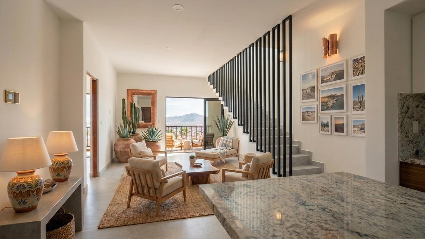 Los Cabos Brisas Del Tezal Ready for delivery! Brisas del Tezal Penthouse featuring 2 bedrooms and 2 1/2 bathrooms in an exclusive low-density community of 36 units across two 4-story elevator buildings. Located minutes from Medano Beach and downtown Cabo. Showcases excellent construction quality and craftsmanship from the developer, including parota wood carpentry and a large, solid front door. Features large-format tile flooring throughout, spacious balcony, granite countertops and backsplash in the kitchen, bathrooms with marble showers to the ceiling, wall-to-wall closets, and a laundry room with space for side-by-side washer and dryer and storage. Equipped with 1-ton A/C mini-splits in each bedroom and two in the living area.Private rooftop terrace with interior access, pergola, jacuzzi for 6 sink with storage, half bath, and lighting. Enjoy panoramic ocean, El Arco, mountain, sunset, and city for sale