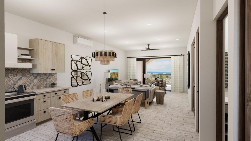Los Cabos Mavila New elegant Contemporary style 2 BDR condo on the ground floor in Tower 4, offers an ideal mix of indoor comfort and outdoor living within the prestigious Mavila community at Quivira Los Cabos. Open-concept kitchen with upgraded quartz countertop, dining, and living area that flows toward the outdoor terrace with Jacuzzi, trellis sticks and garden, enhancing natural light and ventilation. Sunset & ocean – Towers FINANCING AVAILABLE, Pacific, BS
