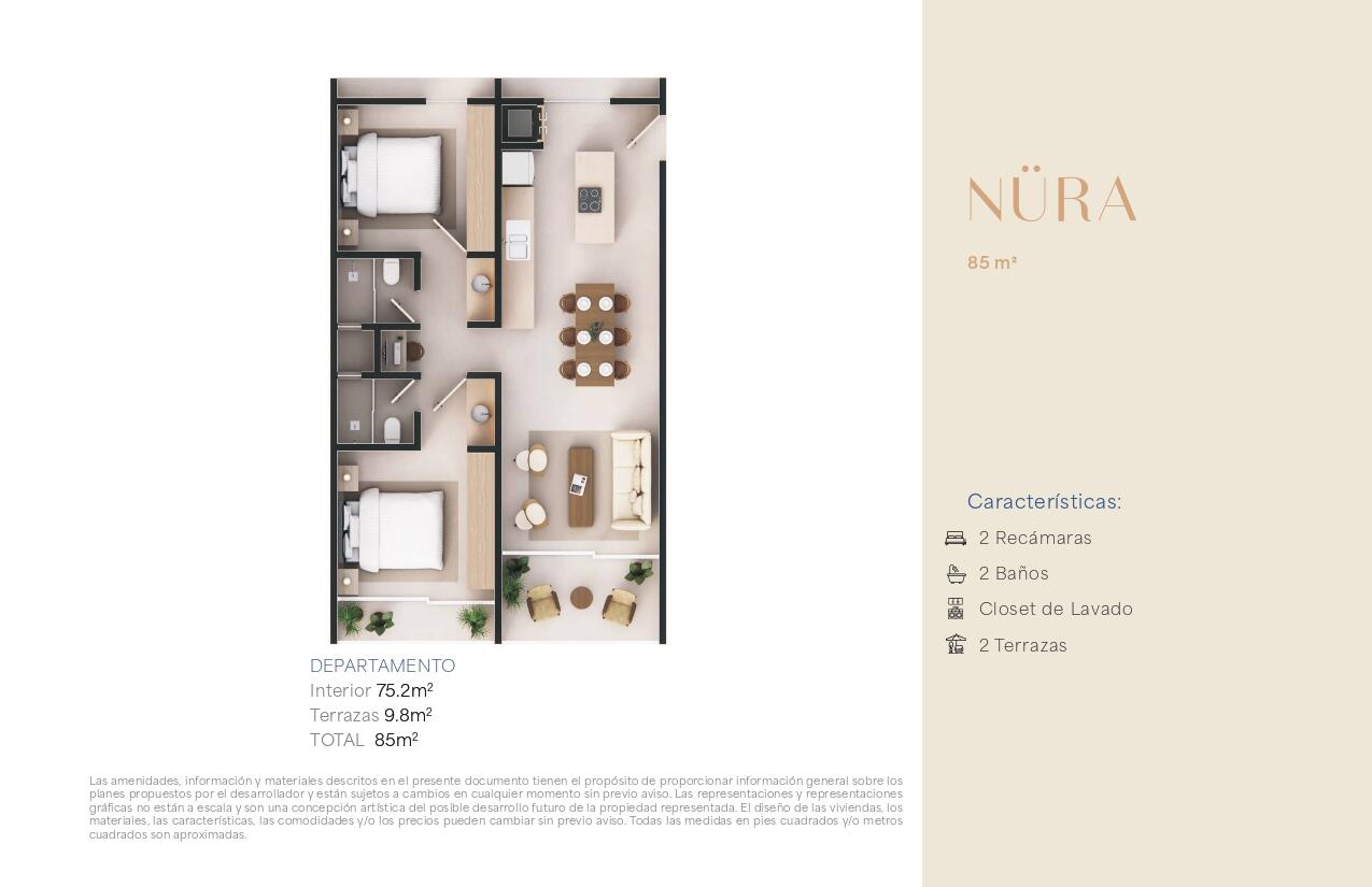Los Cabos Nahara Cabo Living Discover this exclusive 2-bedroom residence at Nahara Cabo Living. Offering 85 m² total, including 75.2 m² of interior living space and 9.8 m² of terraces, this thoughtfully designed unit features a functional layout, abundant natural light, two private terraces, a laundry closet, elevator access, and high-end finishes throughout.Residents enjoy resort-style amenities including a clubhouse with gym, hotel-style guest suites, swimming pools, paddle and pickleball courts, fire pit areas, panoramic – NURA NAHARA, Cabo Corridor, Cabo Corridor, BS