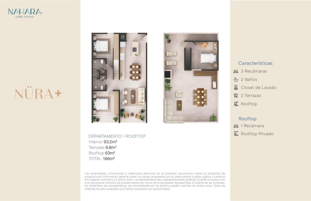 Los Cabos Nahara Cabo Living Penthouse Model - A unique two-level residence designed for comfort, privacy, and seamless indoor-outdoor living. The main level features 2 spacious bedrooms, while a third bedroom is located on the private rooftop, ideal as a guest suite, home office, or retreat. Two expansive terraces flood the interior with natural light and create exceptional spaces for entertaining and relaxation. The development offers elevator access and a commercial area, combining modern convenience with an elevated lifestyle. – NURA + NAHARA CABO LIVING, Cabo Corridor, Cabo Corridor, BS