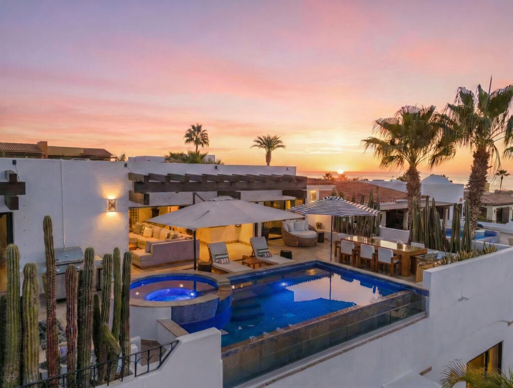 Los Cabos Cresta Del Mar Elegant 463 m² villa in Cabo San Lucas offering six bedrooms and 6.5 bathrooms across two thoughtfully designed levels. The home features high ceilings, abundant natural light, and a refined blend of contemporary design with subtle Mexican architectural elements. Open living areas connect seamlessly to a well-appointed kitchen with custom wood cabinetry and quality appliances. Each bedroom provides privacy and comfort, while bathrooms are finished with travertine and tasteful details. Outdoor living is enhanced by a spacious terrace ideal for relaxing or entertaining. A well-balanced residence designed for comfort, style, and effortless Cabo living. – Cresta Del Mar, Cabo Corridor, BS